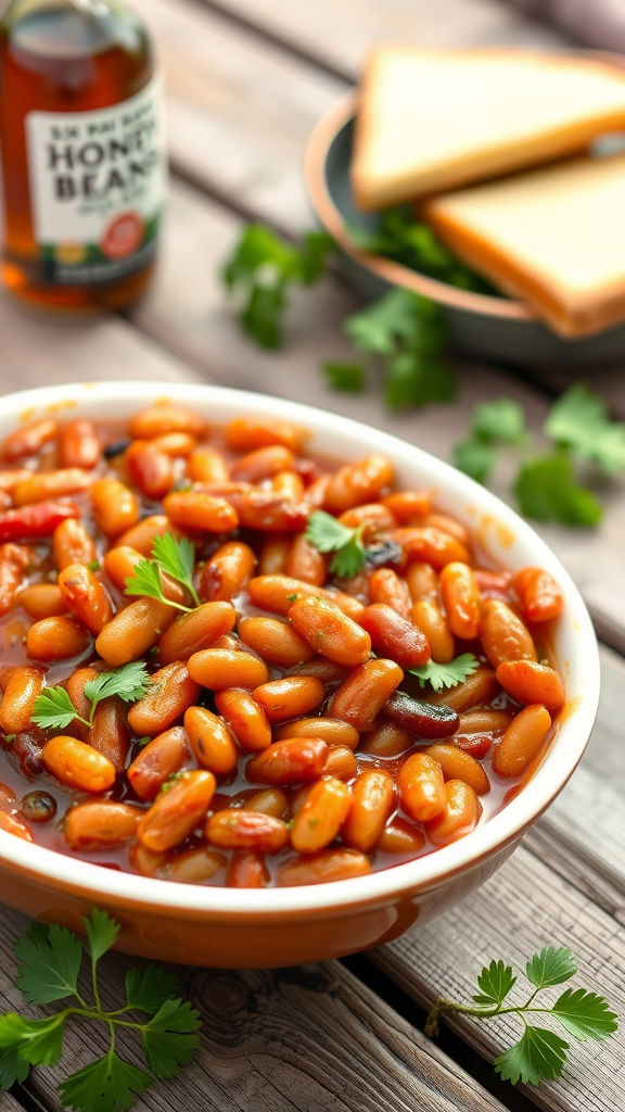 A bowl of honey garlic BBQ baked beans garnished with cilantro, with slices of bread in the background.