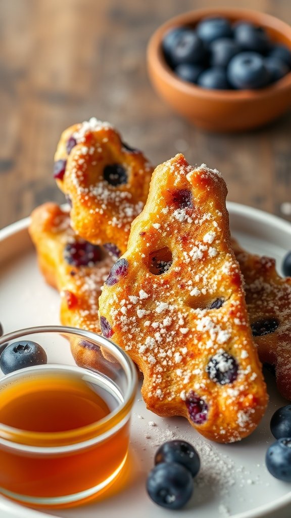 Delicious air fryer blueberry french toast sticks served with syrup and fresh blueberries.