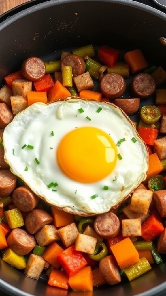 A hearty plate of sausage and vegetable hash topped with a fried egg.