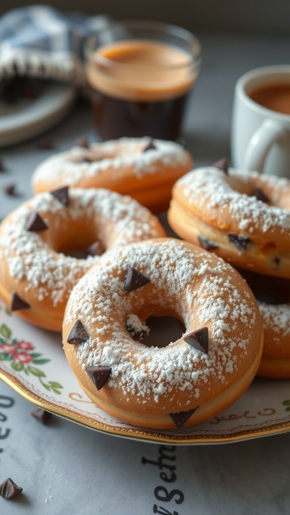 Delicious chocolate chip air fryer doughnuts dusted with powdered sugar