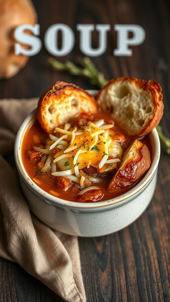 A bowl of classic French onion soup with cheese and bread