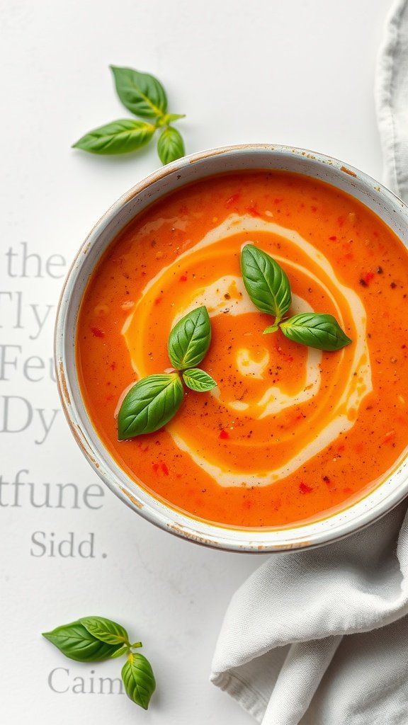 A bowl of creamy tomato basil soup garnished with basil leaves and a swirl of cream.