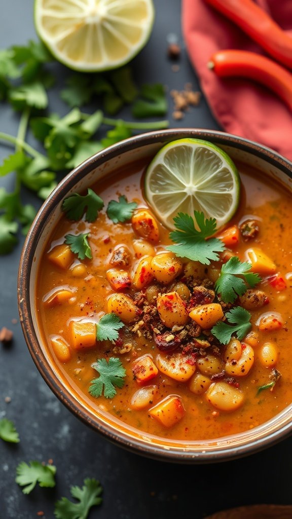 A bowl of curried lentil soup garnished with cilantro and lime