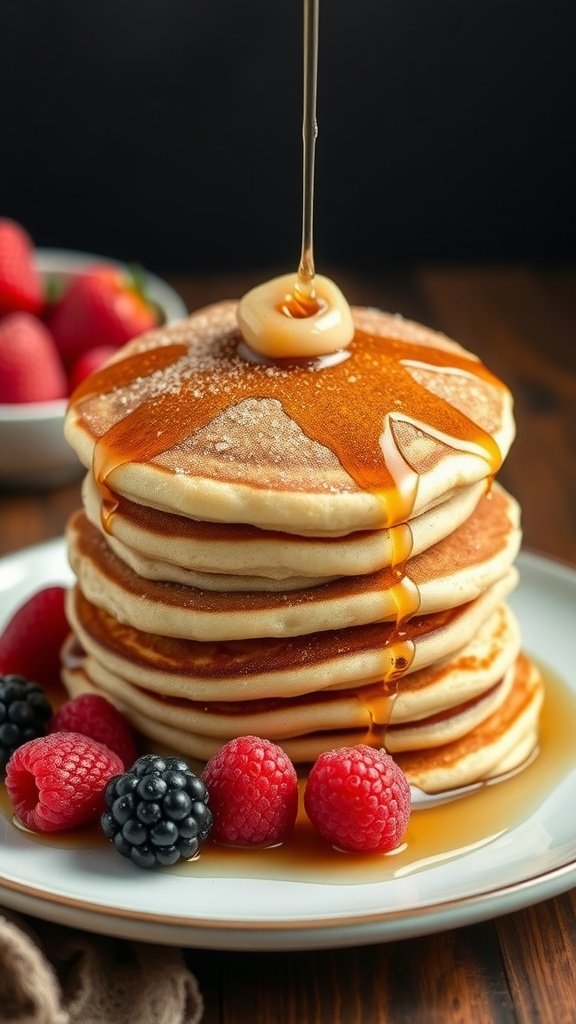 Stack of fluffy pancakes drizzled with syrup and garnished with berries