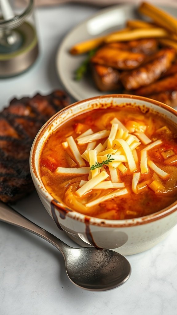 A bowl of French onion soup topped with Gruyère cheese, alongside grilled steak and fries.