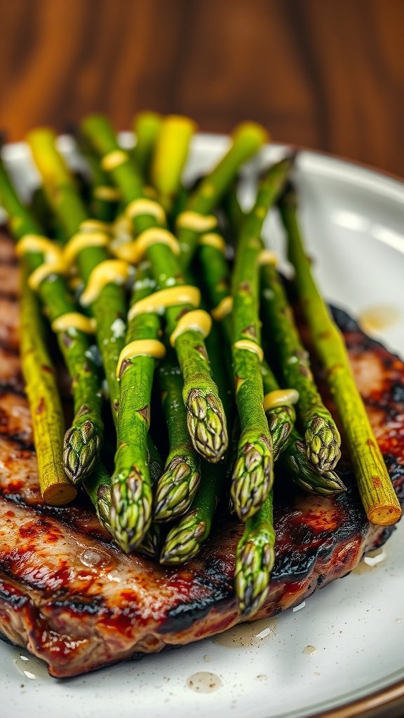 Grilled asparagus with lemon zest served on a plate with steak.