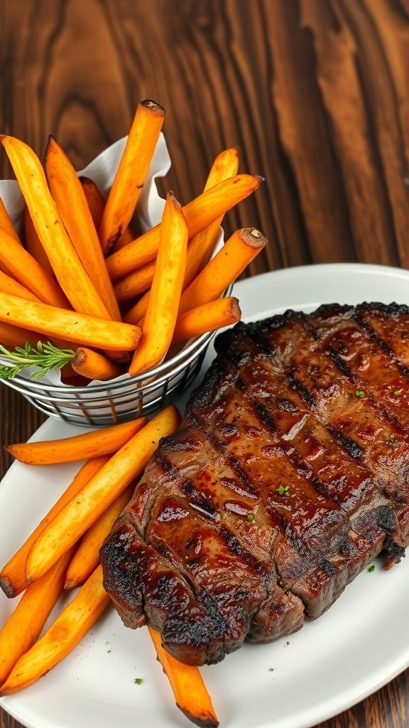 A plate of baked sweet potato fries next to a grilled steak.