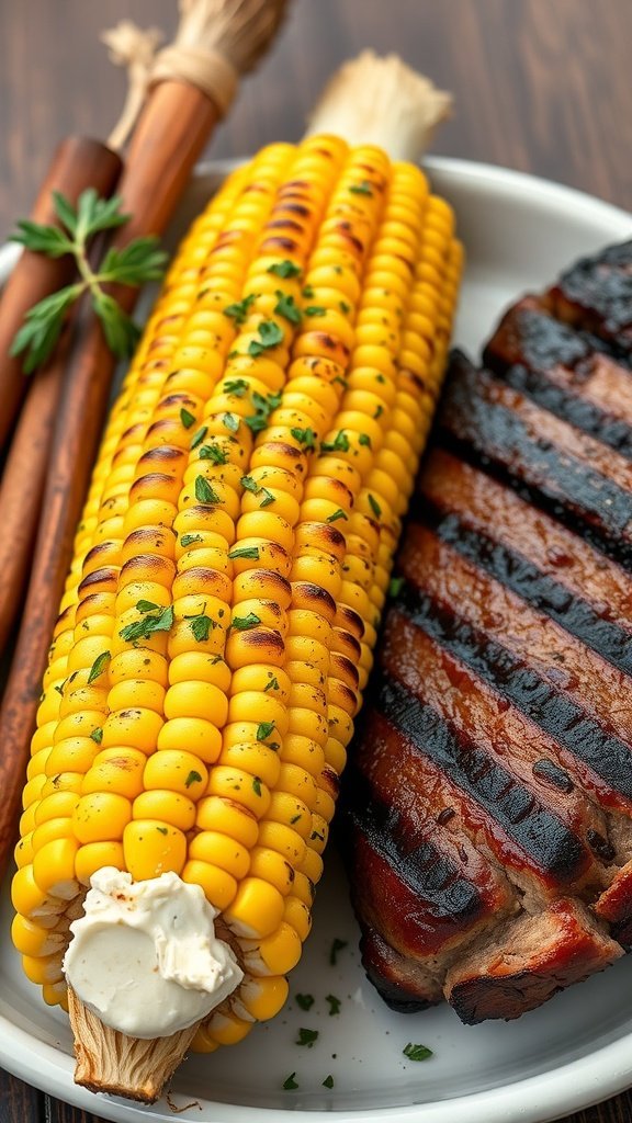 Grilled corn on the cob topped with herb butter next to sliced grilled steak.