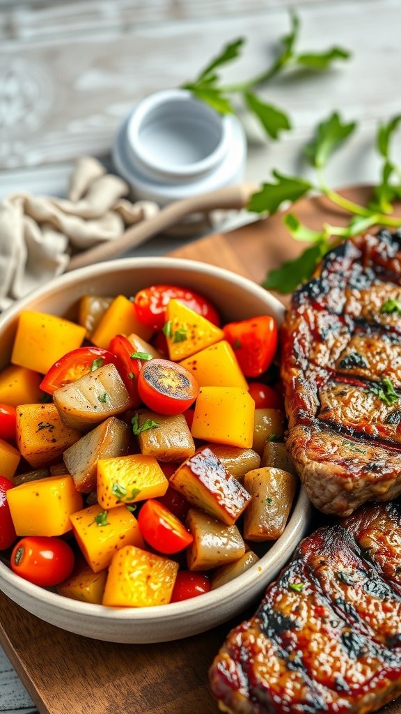 A bowl of ratatouille medley with colorful vegetables beside a grilled steak.