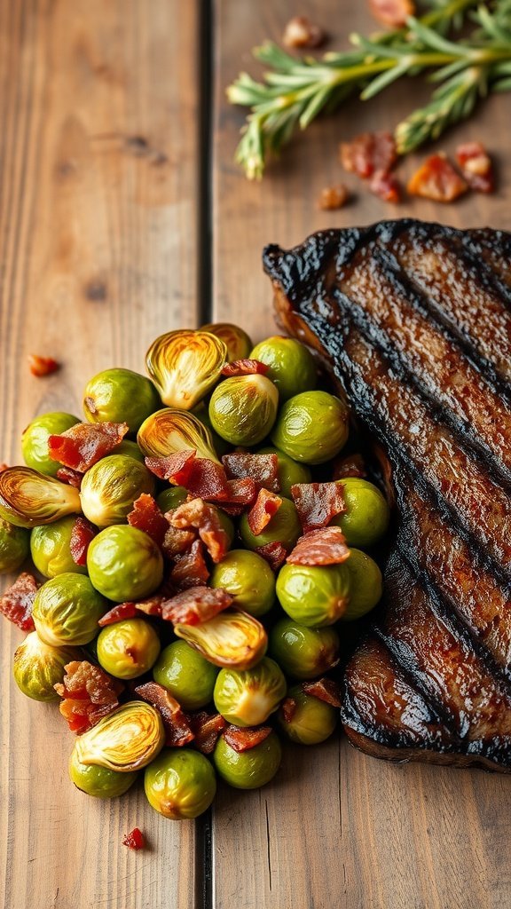 A plate of roasted Brussels sprouts with bacon beside grilled steak on a wooden table.