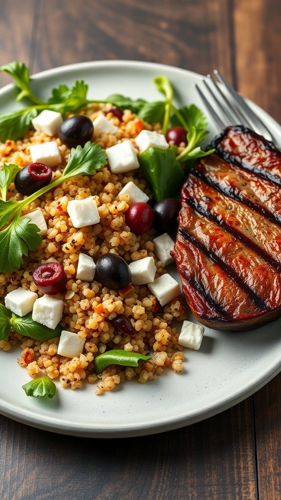 A plate featuring Mediterranean quinoa salad with olives and feta cheese alongside grilled steak.