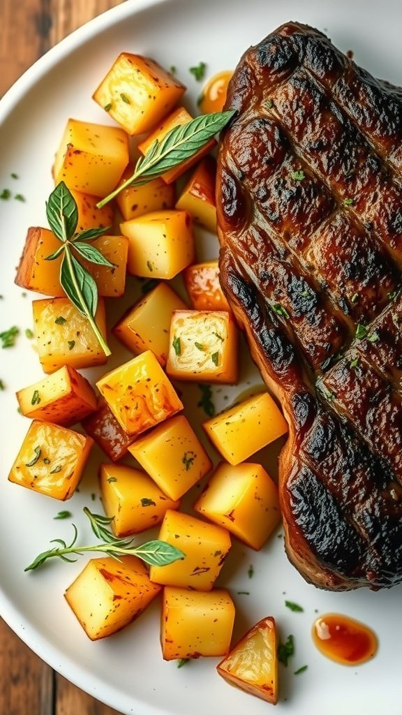 Plate of herb roasted potatoes beside a grilled steak