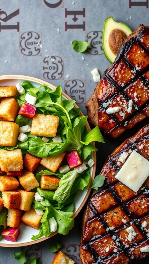 A plate of Caesar salad with croutons beside a grilled steak.