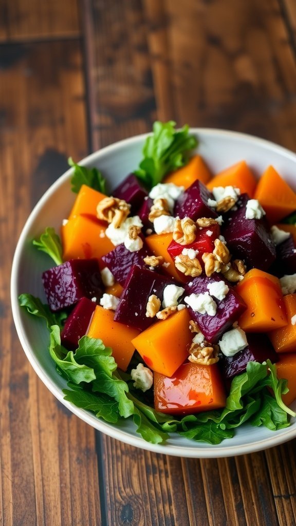 Warm roasted beet and sweet potato salad with feta and walnuts on greens, served in a rustic bowl.