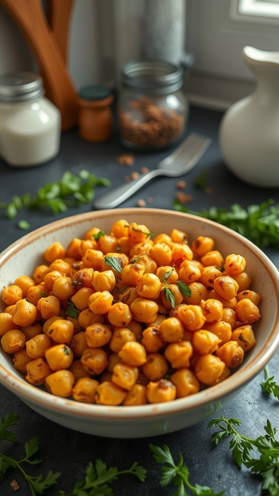 Bowl of crispy air fryer chickpeas seasoned with herbs and spices