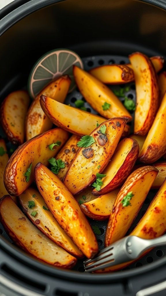 Crispy air fryer potato wedges seasoned and garnished