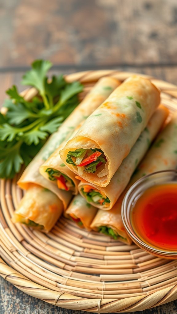 Plate of crispy veggie spring rolls with a bowl of dipping sauce