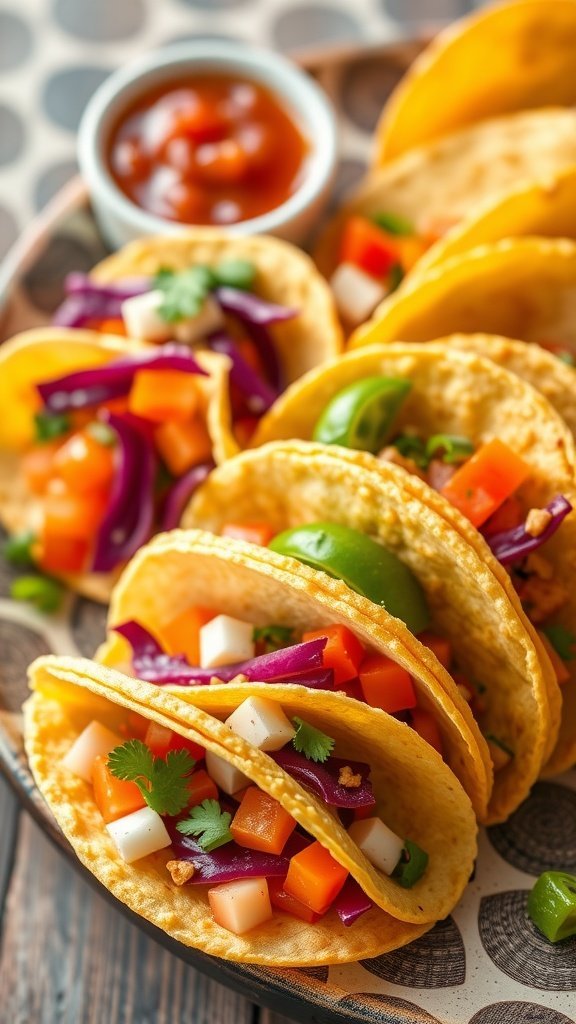 Mini tacos filled with colorful vegetables and meat, served with salsa.