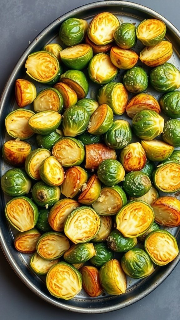 crispy garlic parmesan brussels sprouts on a platter