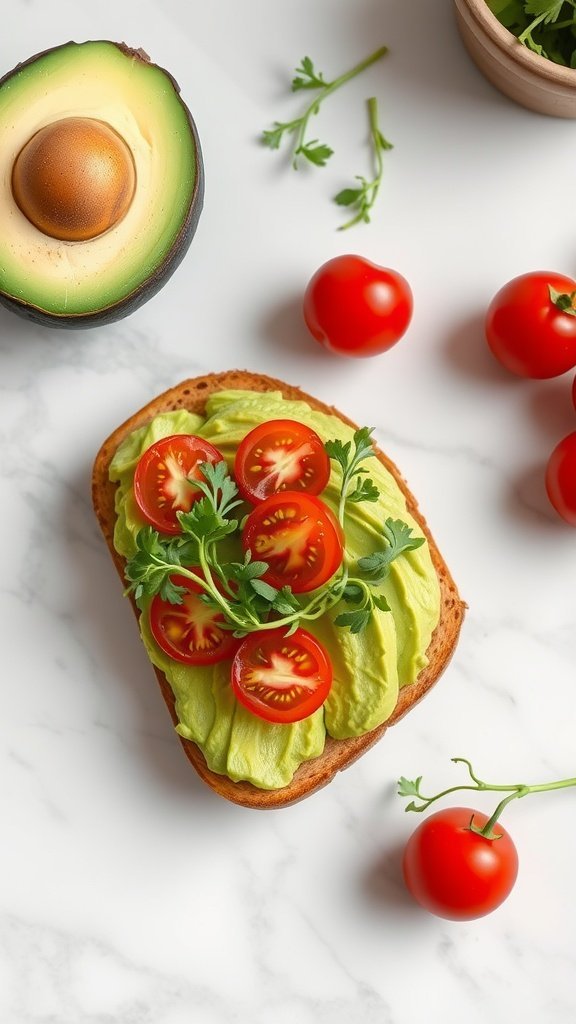 Avocado toast topped with cherry tomatoes and fresh herbs, placed on a marble surface.