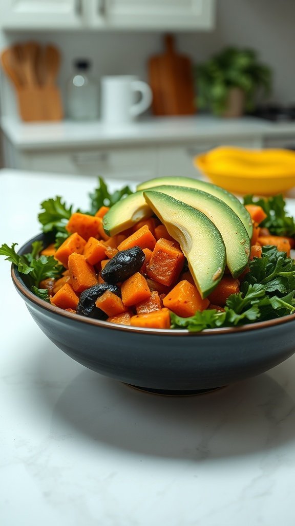 A bowl of sweet potato hash topped with kale and avocado slices.