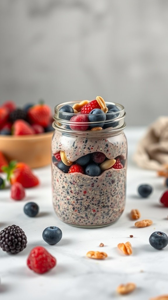 A jar of berry chia seed pudding topped with fresh berries and nuts