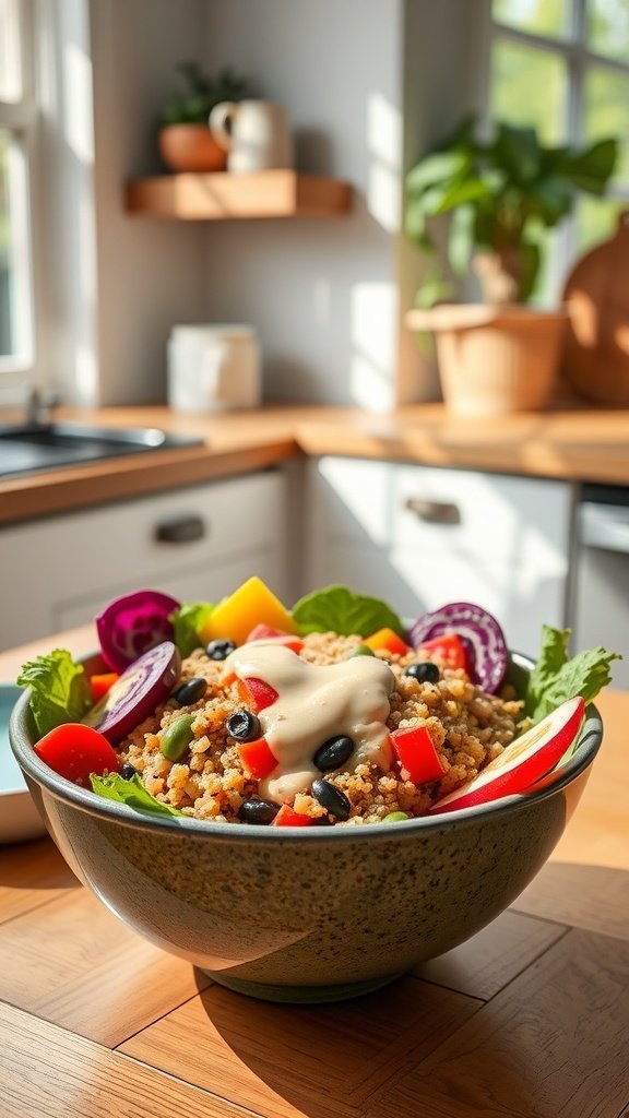 A colorful savory quinoa breakfast bowl with vegetables and avocado