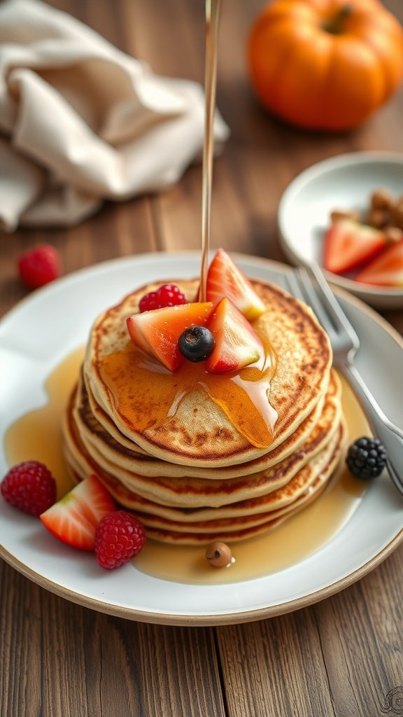 A stack of chickpea flour pancakes topped with fresh fruits and syrup on a wooden table.