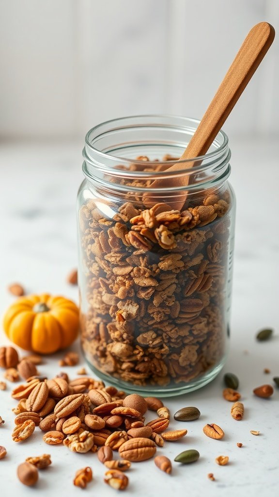 Homemade pumpkin spice granola in a jar with nuts and seeds scattered around.