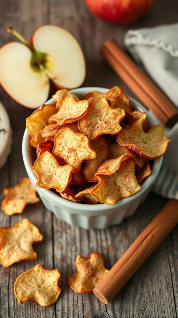 Bowl of cinnamon apple chips with cinnamon sticks and fresh apples.