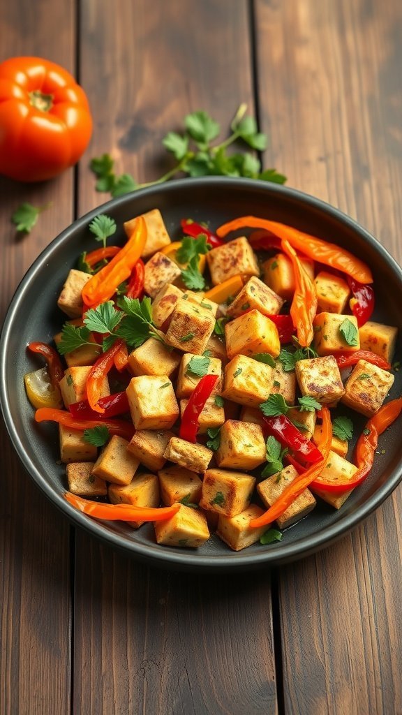 A colorful plate of crispy tofu scramble with bell peppers and cilantro.