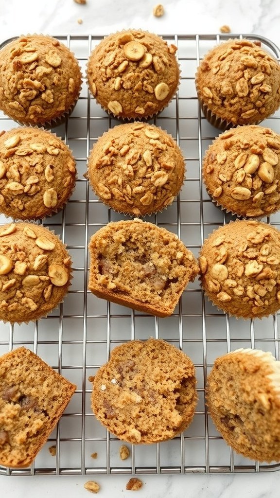 Delicious banana oatmeal muffins arranged on a cooling rack.