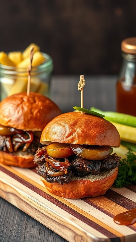 Two gourmet brisket sliders on a wooden board, with pickles and barbecue sauce.