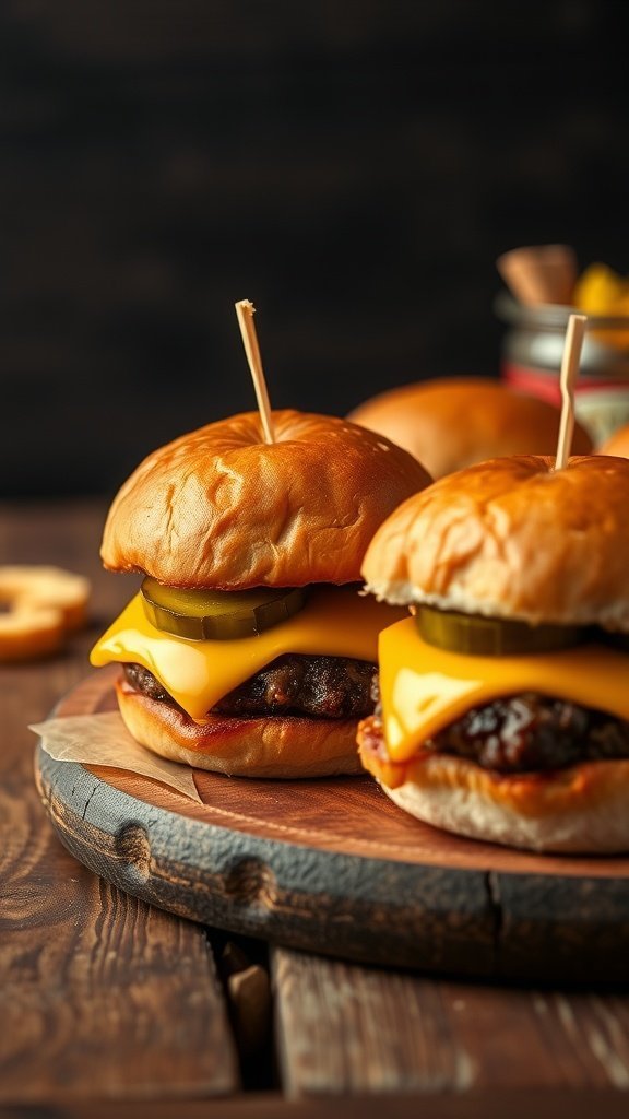 Delicious cheeseburger sliders with melted cheese and pickles on a wooden board.