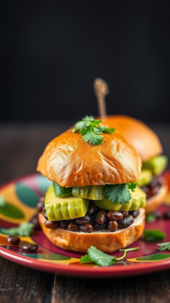 Two vegetarian black bean sliders topped with pickles and cilantro on a colorful plate.