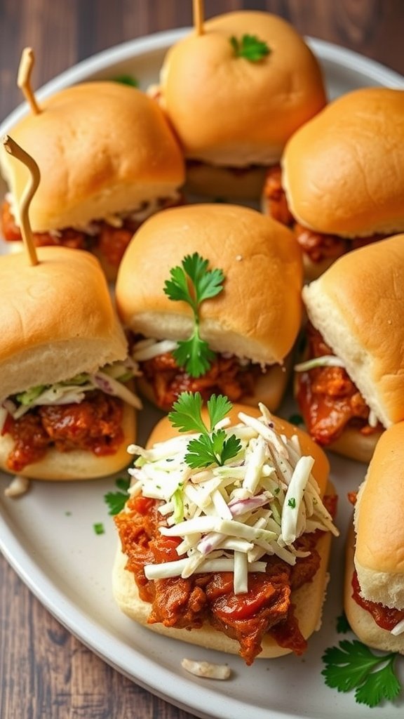 A platter of BBQ pulled pork sliders topped with coleslaw and garnished with parsley.