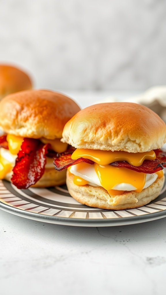 Breakfast egg and bacon sliders on a plate.