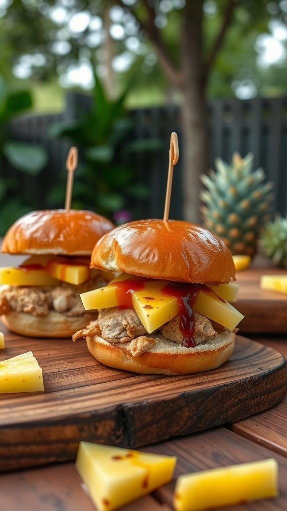 Sweet Hawaiian chicken sliders with pineapple and ketchup on a wooden platter