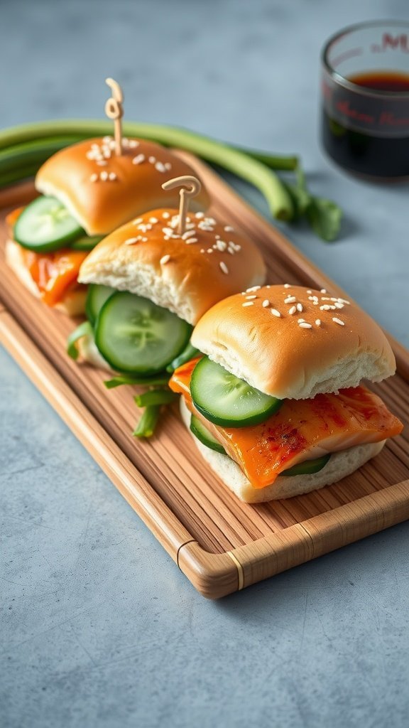 Three teriyaki salmon sliders on a wooden platter with cucumber slices and green onions