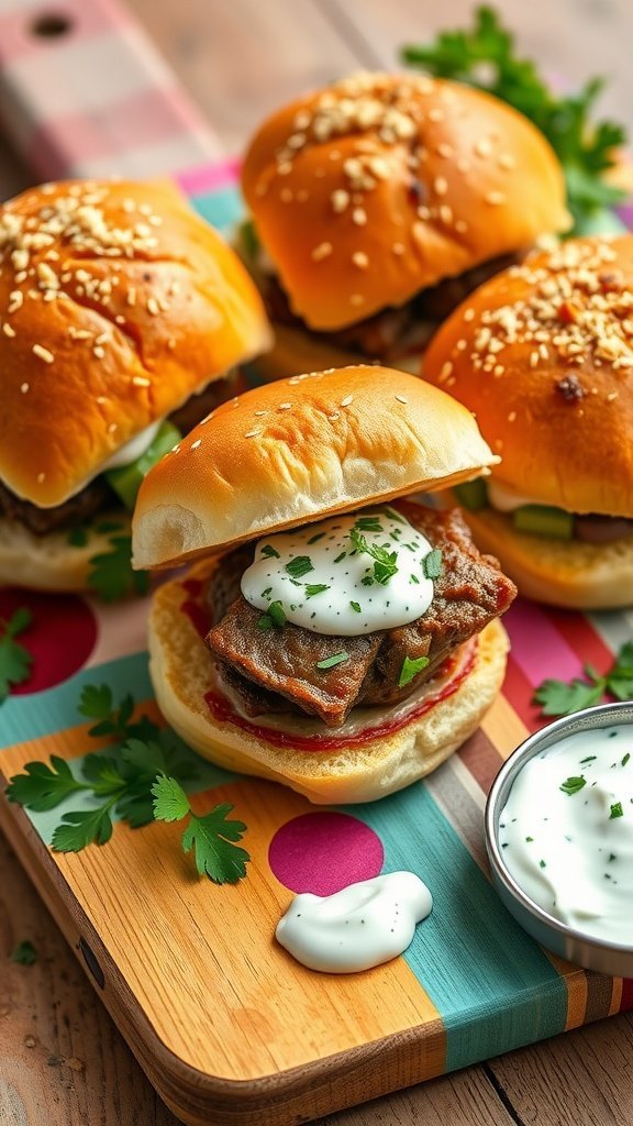 Four Mediterranean lamb sliders with yogurt sauce and herbs on a colorful wooden board