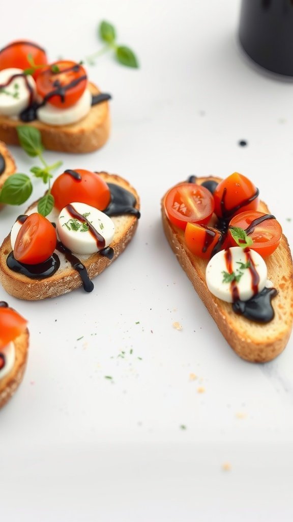 A plate of Caprese bruschetta topped with cherry tomatoes, mozzarella, and balsamic reduction.