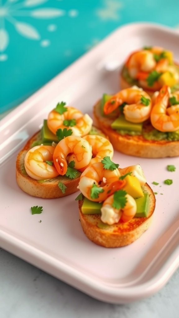 Spicy shrimp and avocado bruschetta on a pink tray.