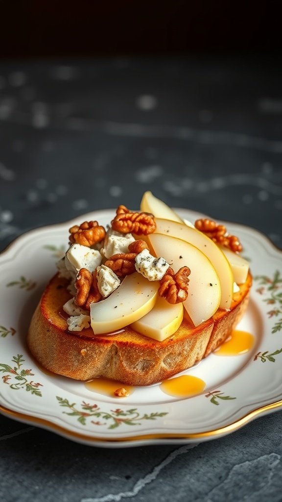 A slice of bruschetta topped with pears, Gorgonzola cheese, and walnuts, drizzled with honey.