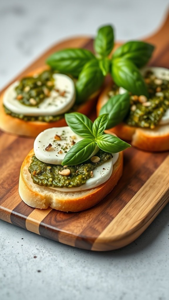 Bruschetta topped with pesto and mozzarella on a wooden board