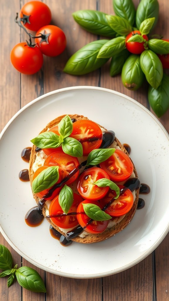 A plate of classic tomato basil bruschetta topped with fresh tomatoes and basil leaves, with cherry tomatoes and basil in the background.