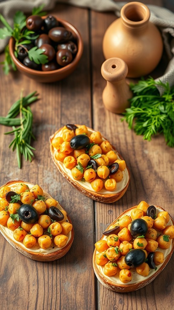 Three pieces of bruschetta topped with chickpeas and olives on a wooden table.