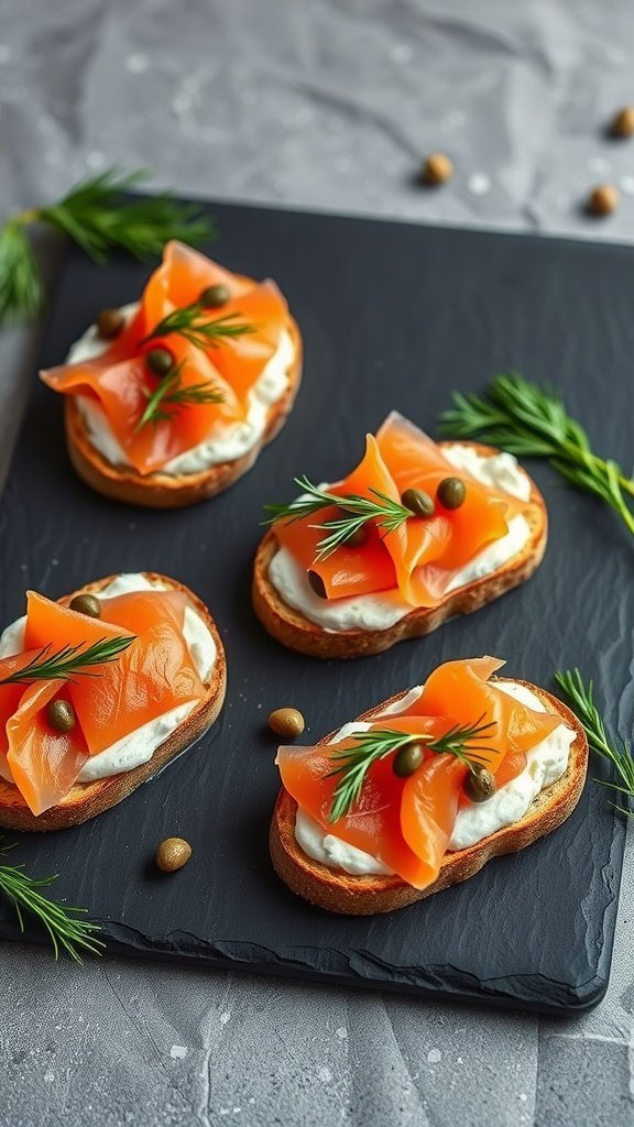 Bruschetta topped with smoked salmon, cream cheese, and garnished with herbs.