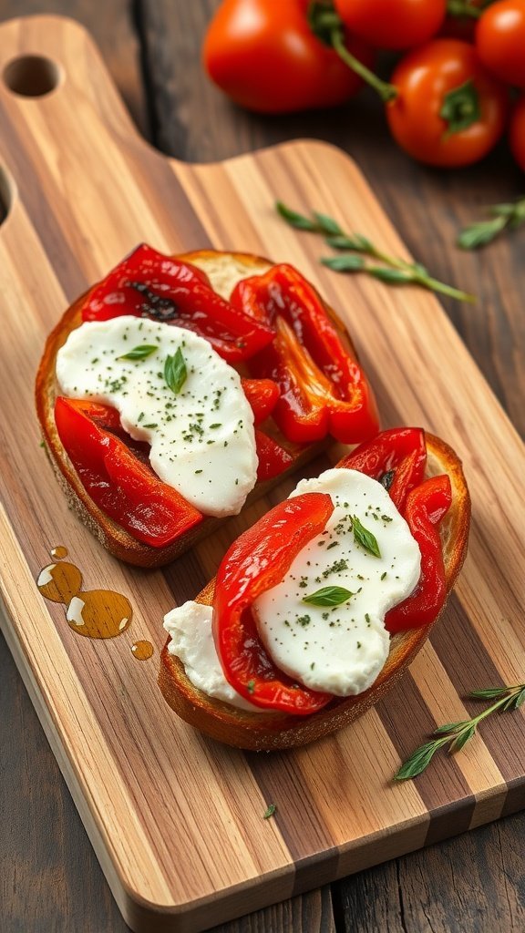 Bruschetta with roasted red pepper and goat cheese on a wooden cutting board