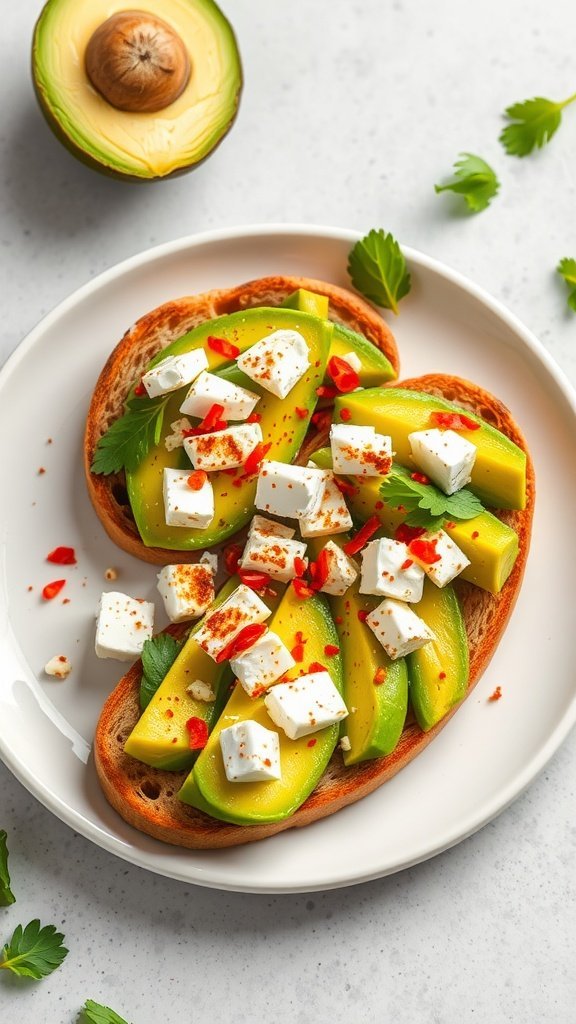 A plate with avocado and feta bruschetta topped with chili and herbs.