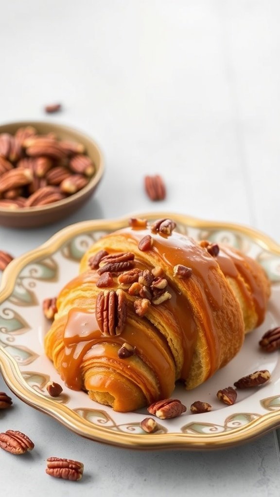 Maple Pecan Croissant on a decorative plate with pecans